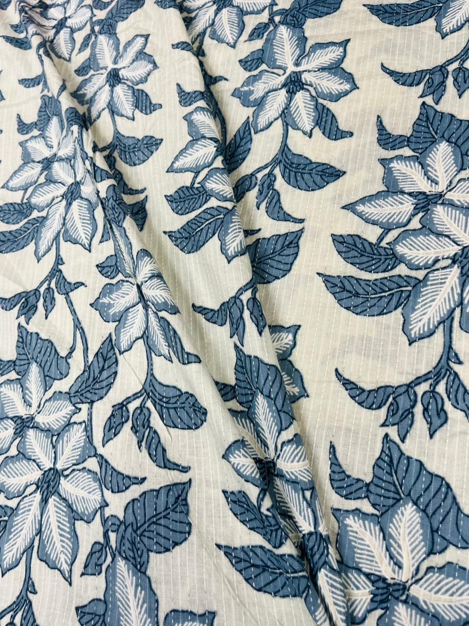 Ivory Blue Floral Kantha Cambric Cotton