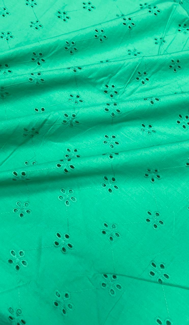 Aqua Green Floral Eyelet Hakoba Cotton Fabric