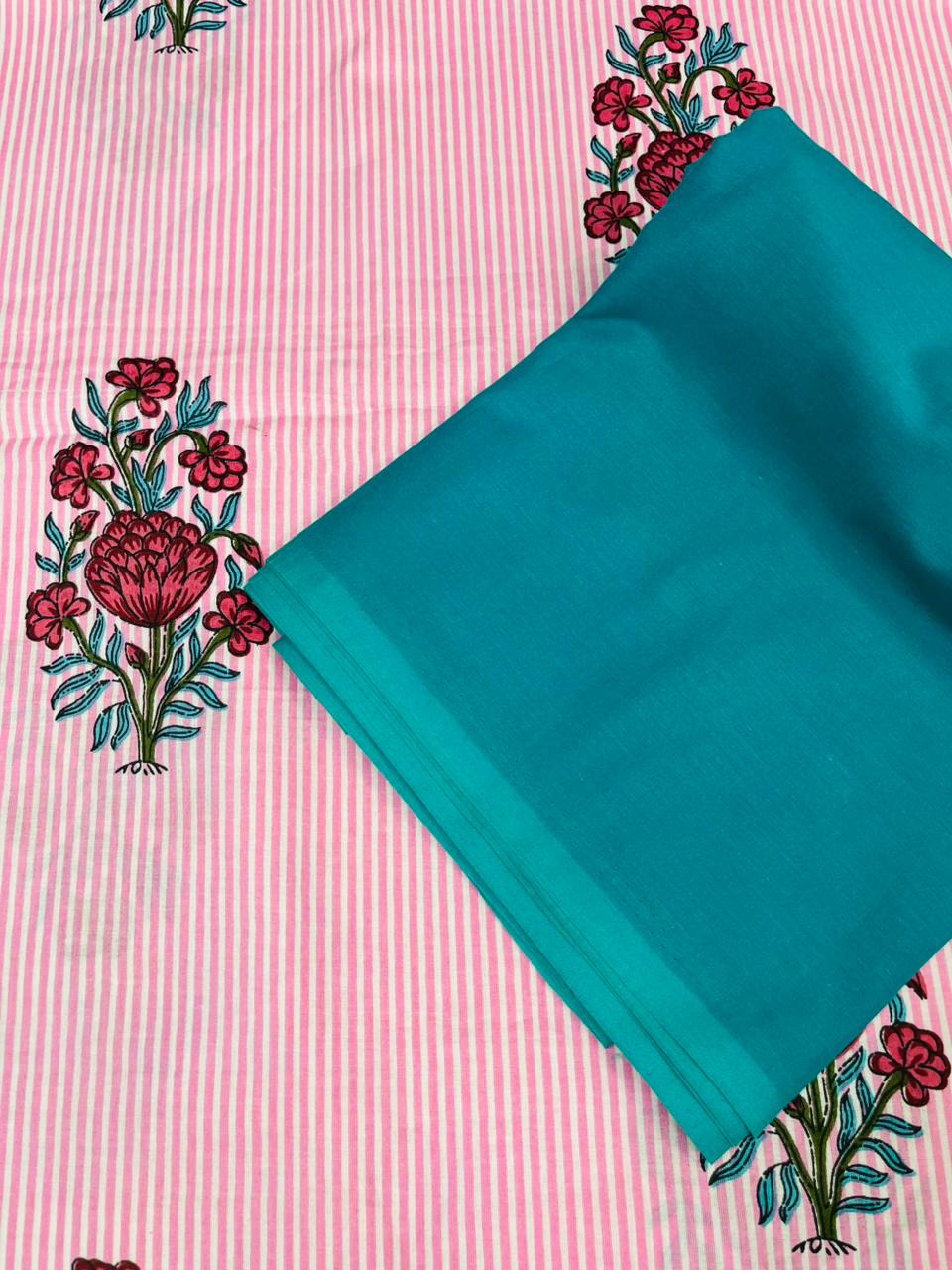 Pink Bouquet Teal Cotton Suit Set
