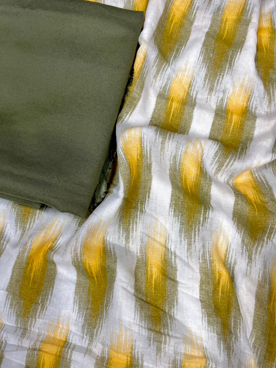 Mustard Olive Ikat Stripe Cotton Suit Set