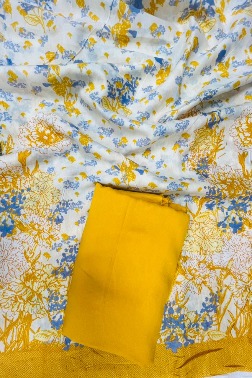 Mustard Blue Floral Garden Cotton Suit Set