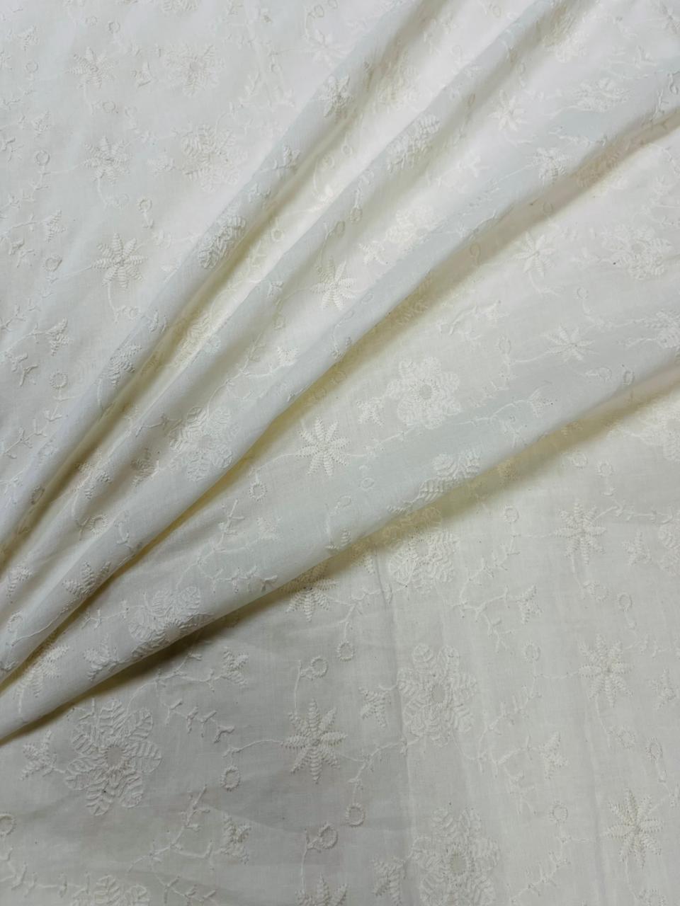 Premium White Floral Threadwork Embroidered Cotton Fabric