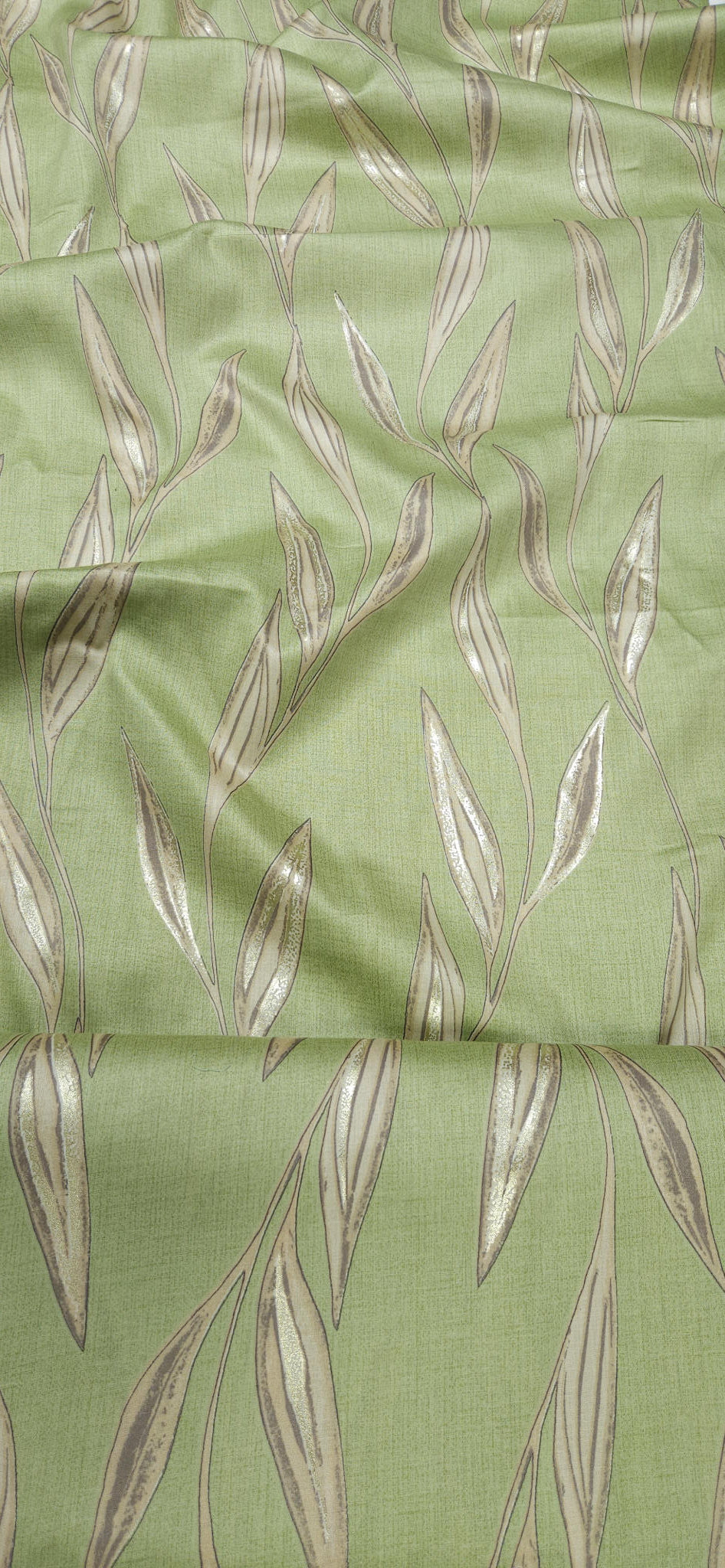 Pista Green Jaam Cotton Fabric with Elegant Gold Leaf Design