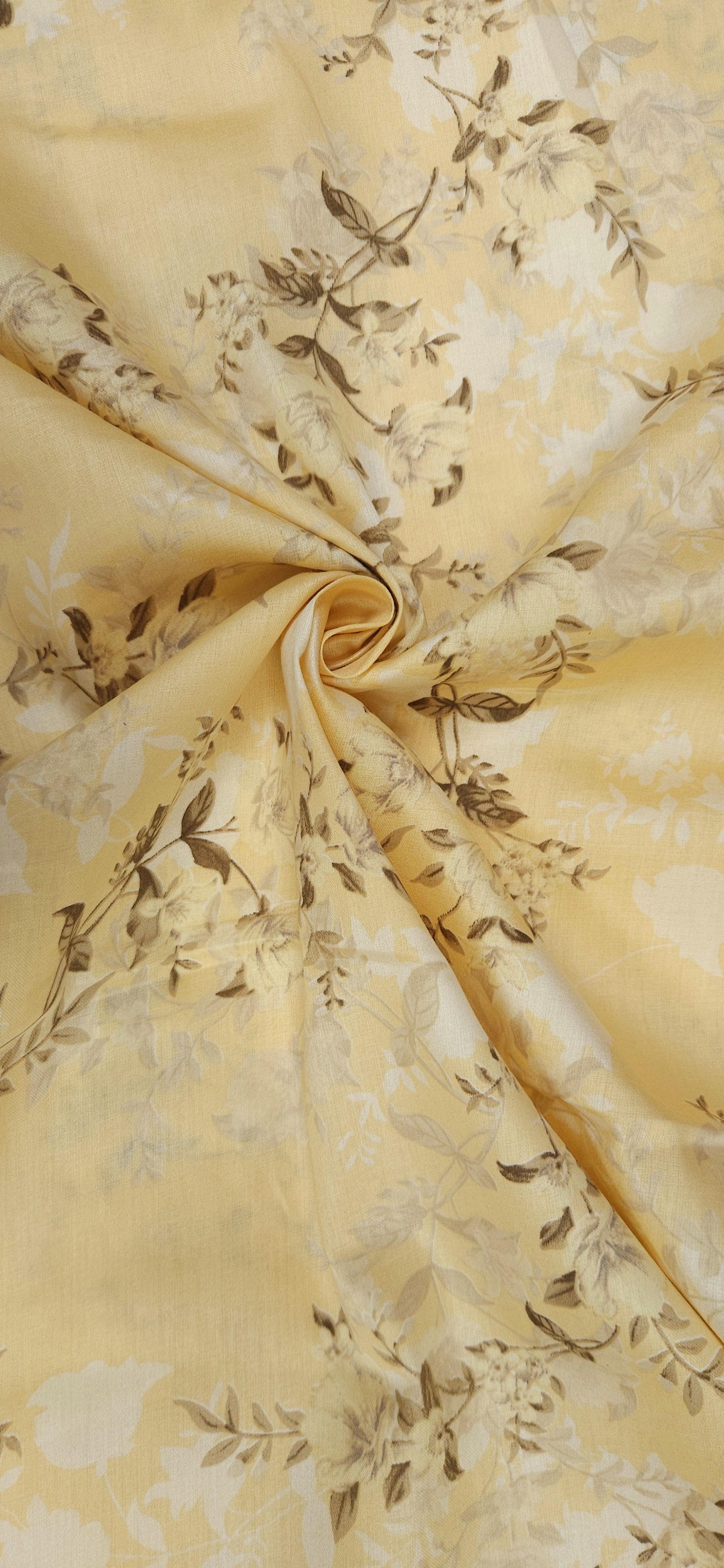 Creamy Yellow Jaam Cotton Fabric with Vintage Floral Print