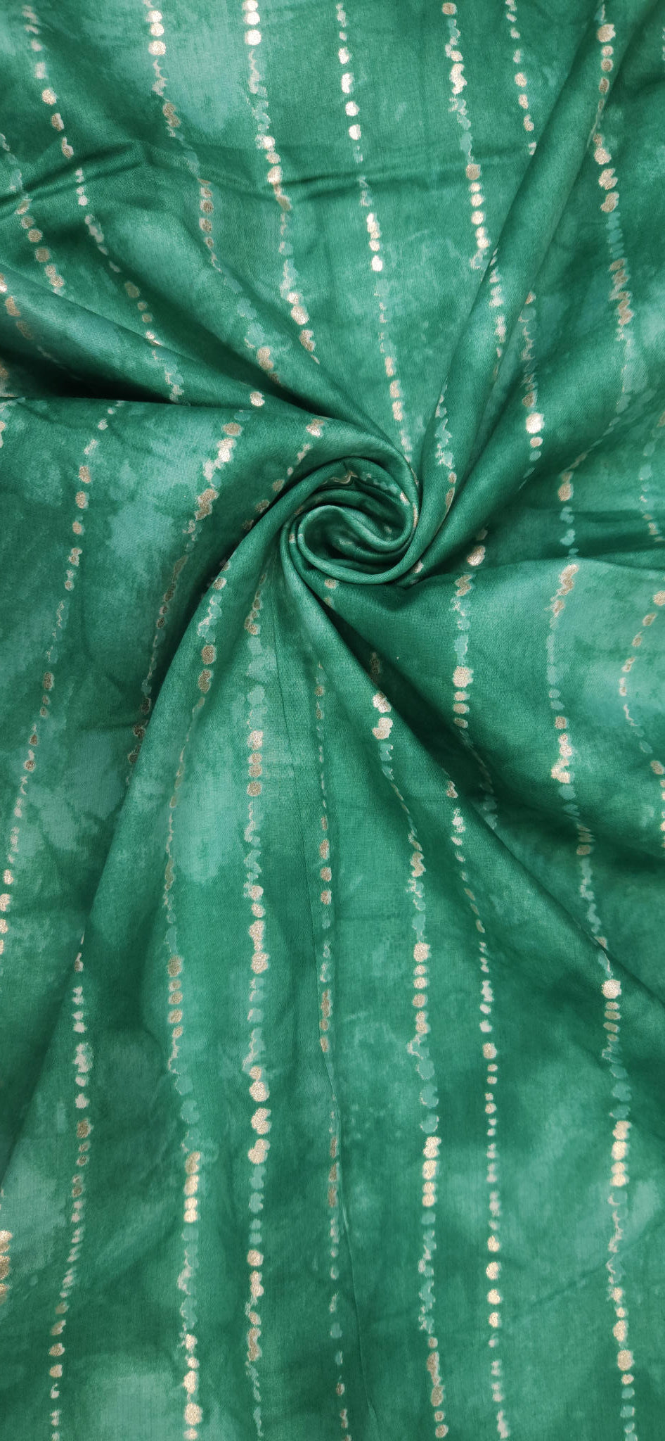 Emerald Green Jaam Cotton Fabric with Gold Dotted Stripe Pattern
