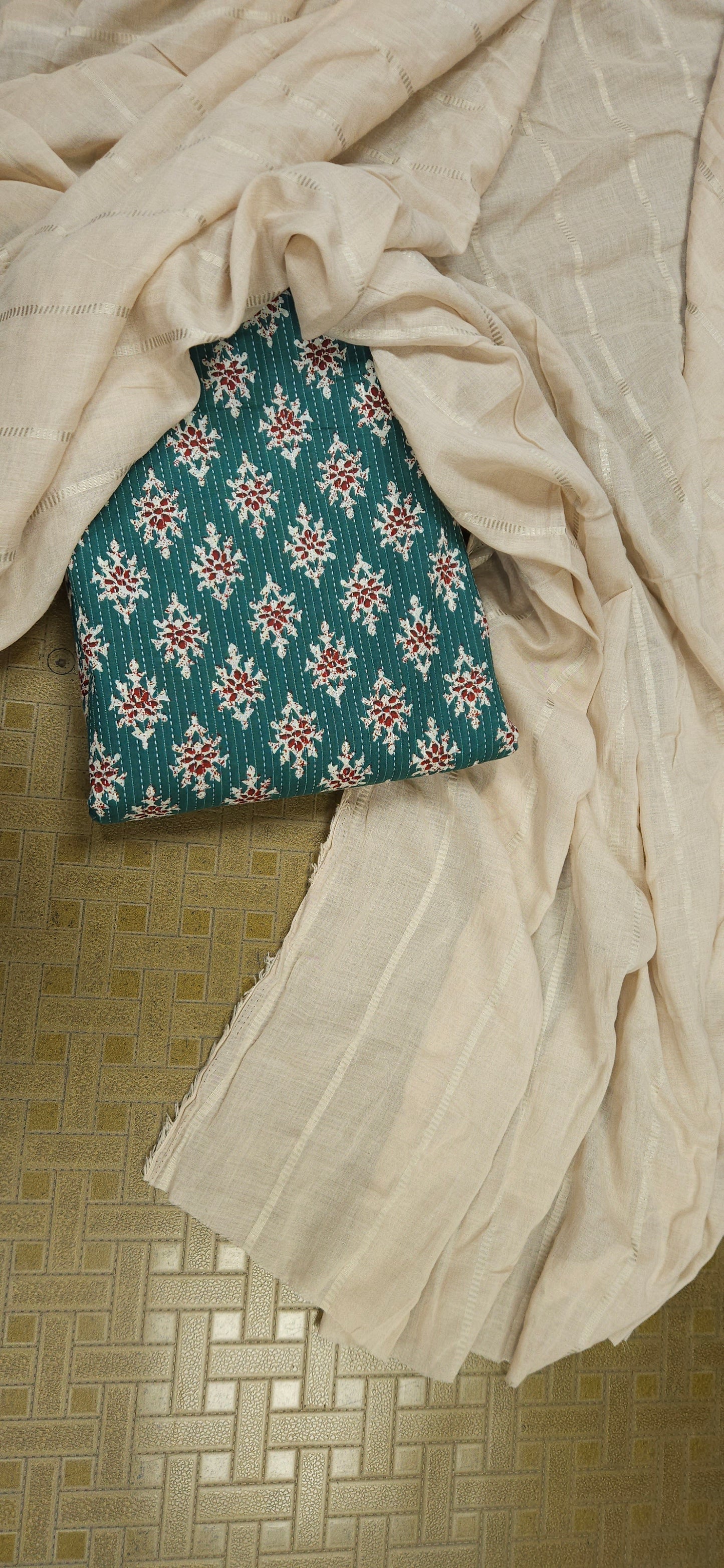 Teal Floral Modal Rayon Suit with Malmal Dupatta
