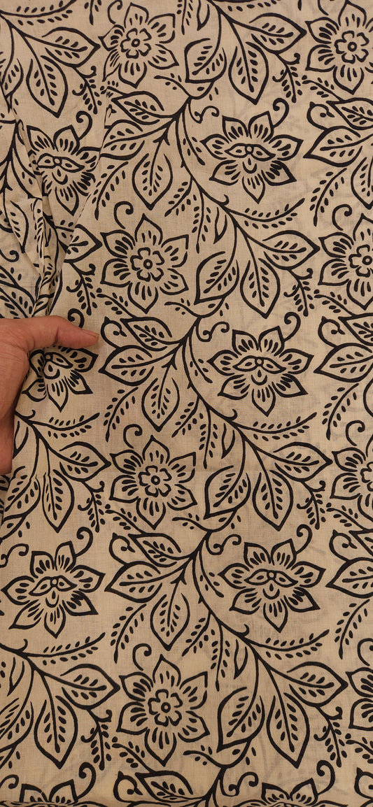 Beige & Black Floral Printed Cotton Fabric