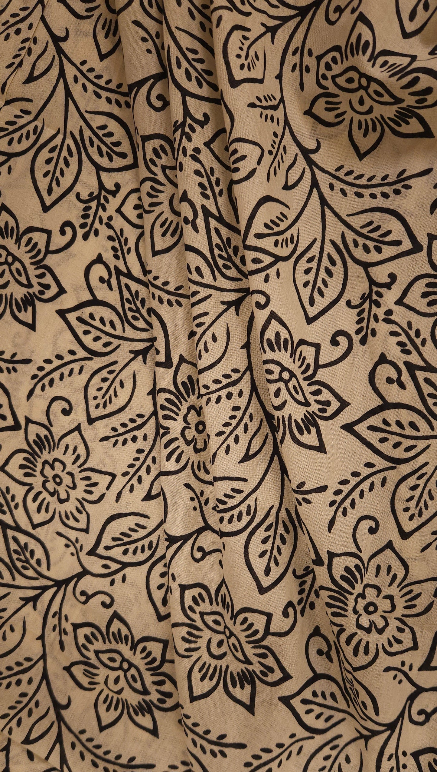 Beige & Black Floral Printed Cotton Fabric