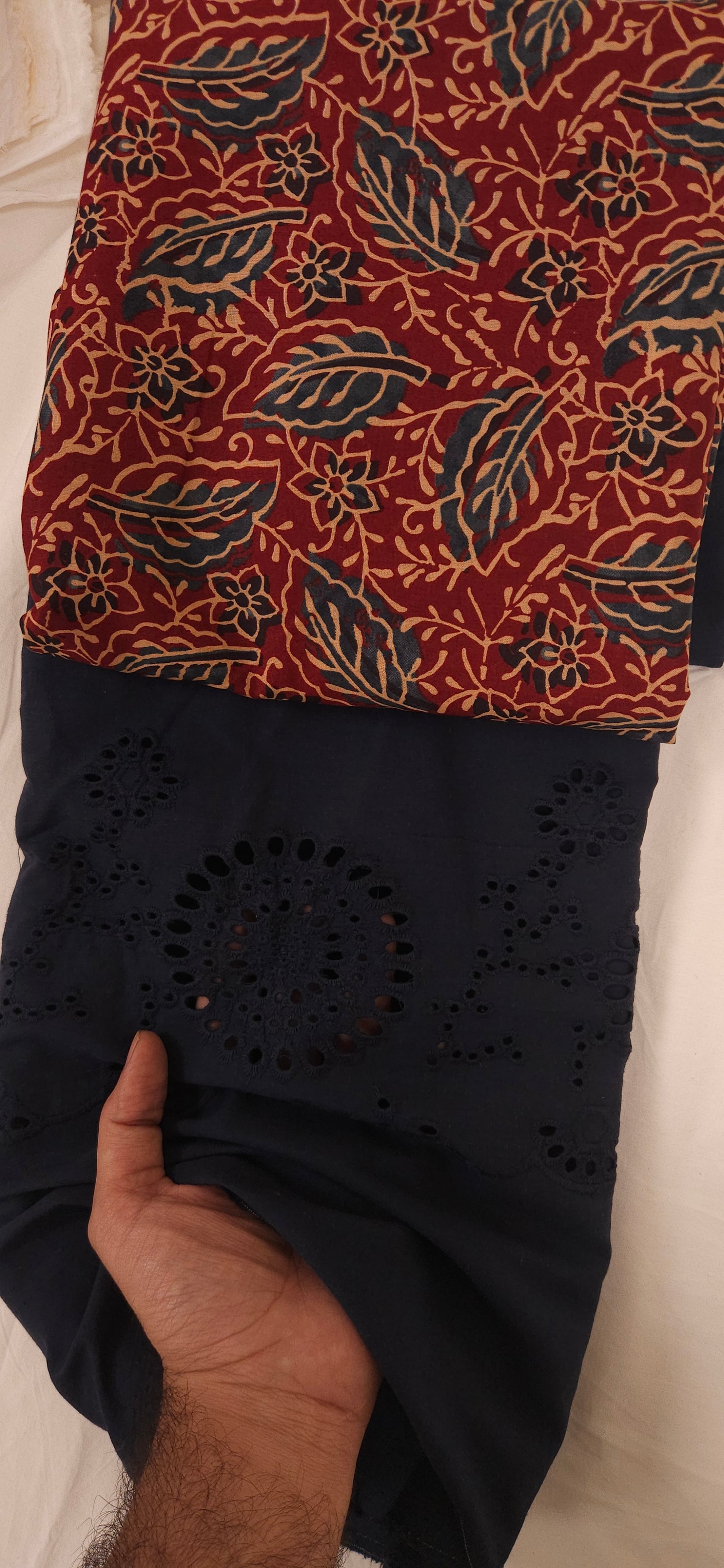 Crimson Bloom Cotton Suit Set with Embroidered Schiffli Bottom