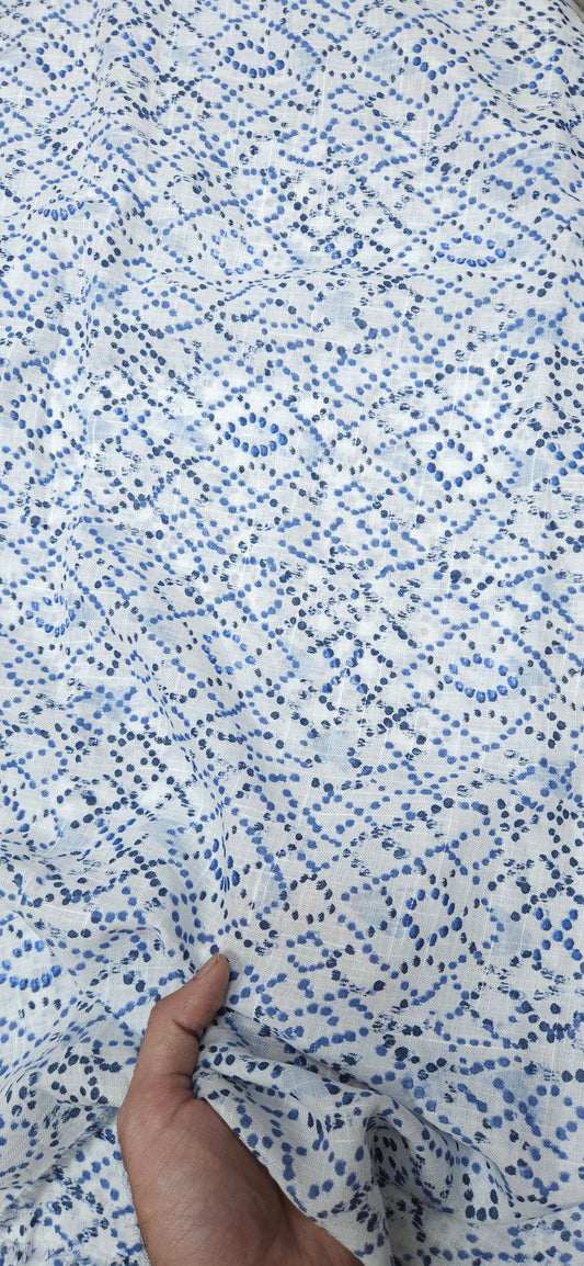 Blue Printed Cotton Suit Fabric Set with Striped Bottom