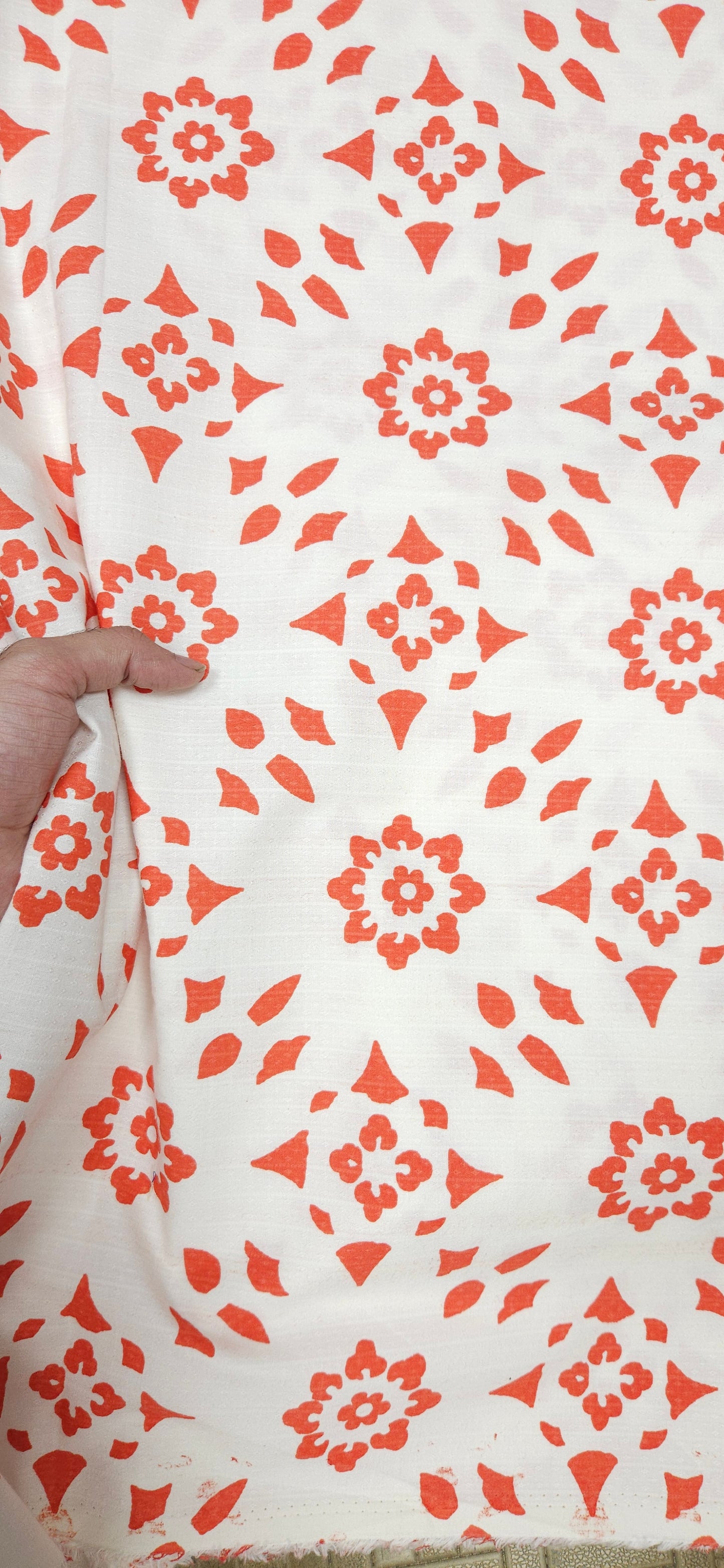 Off White Orange Ethnic Print Cotton Fabric
