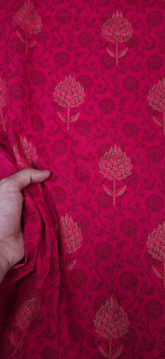 Premium Rani Pink Cotton Suit Set with Intricate Floral Weave & Butti Bottom