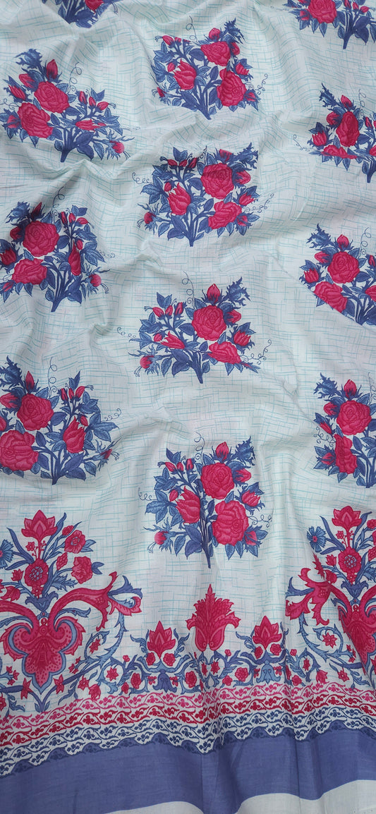 Ethnic Floral Placement Cotton Fabric with Borde