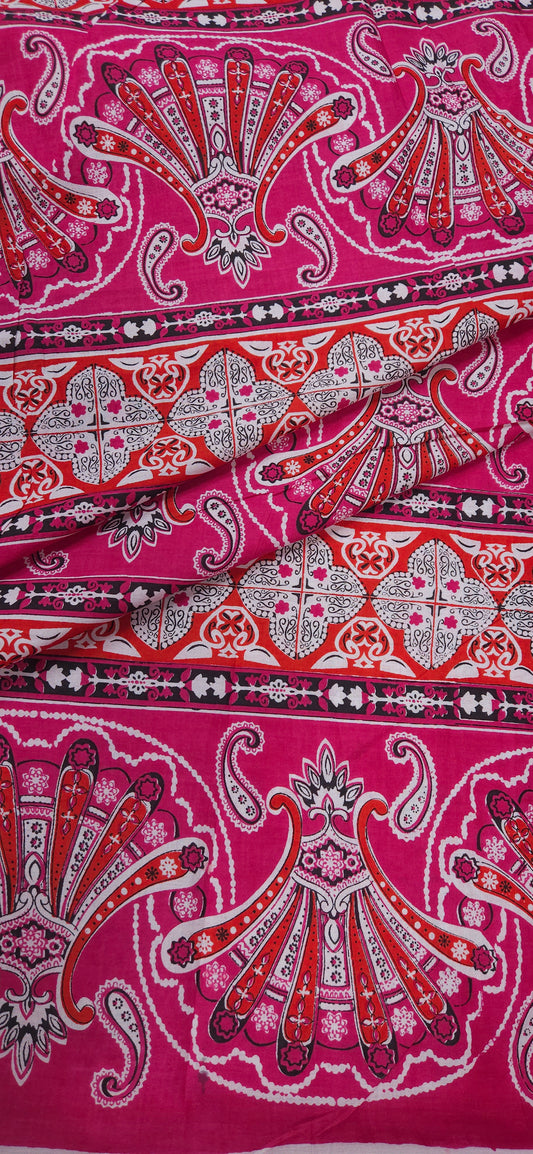 Pink Ethnic Floral Border Cotton Fabric