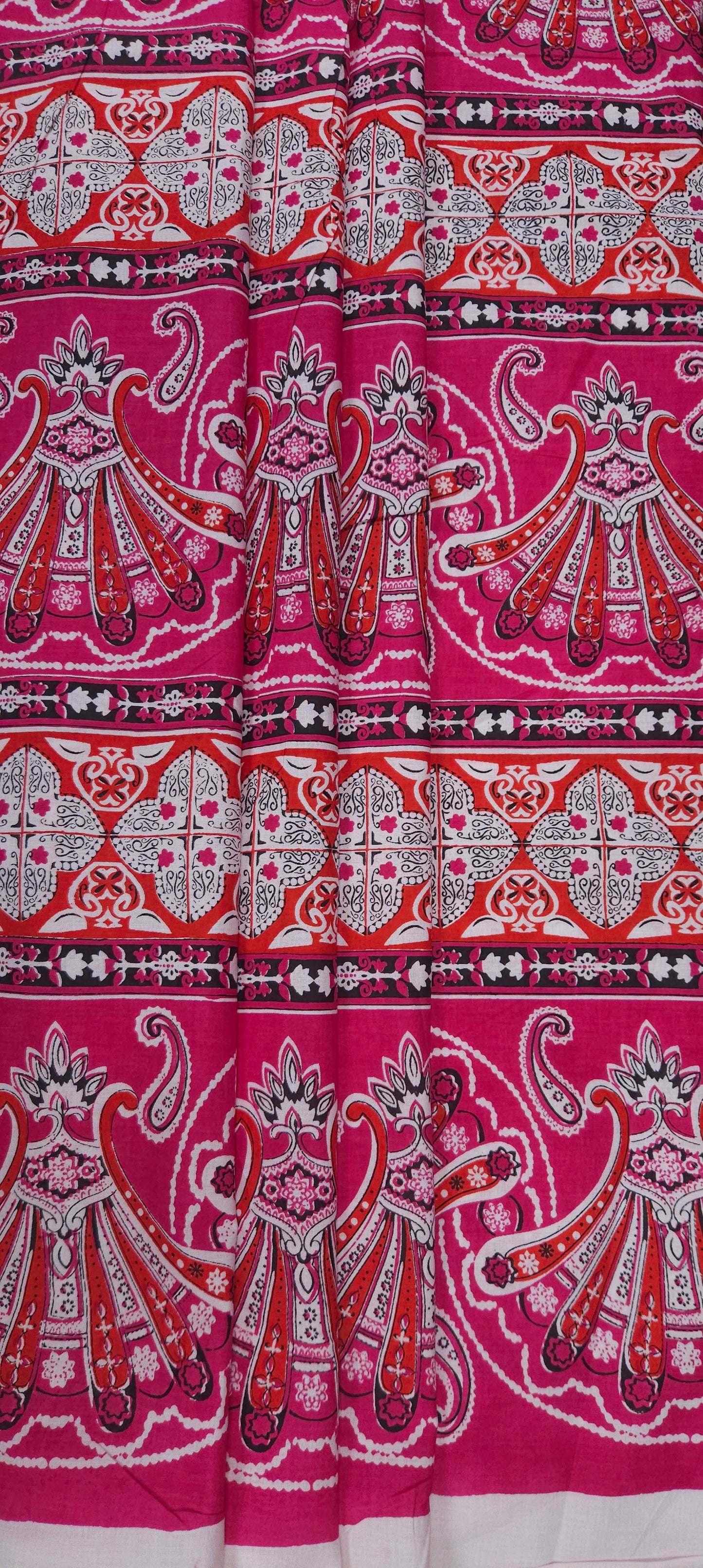 Pink Ethnic Floral Border Cotton Fabric