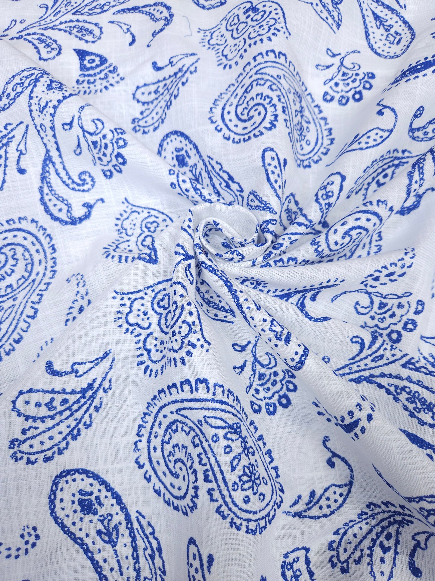 Blue Paisley Printed Cotton Linen Fabric