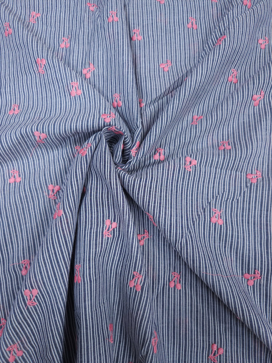 Blue Stripe Cotton Fabric with Cherry Embroidery