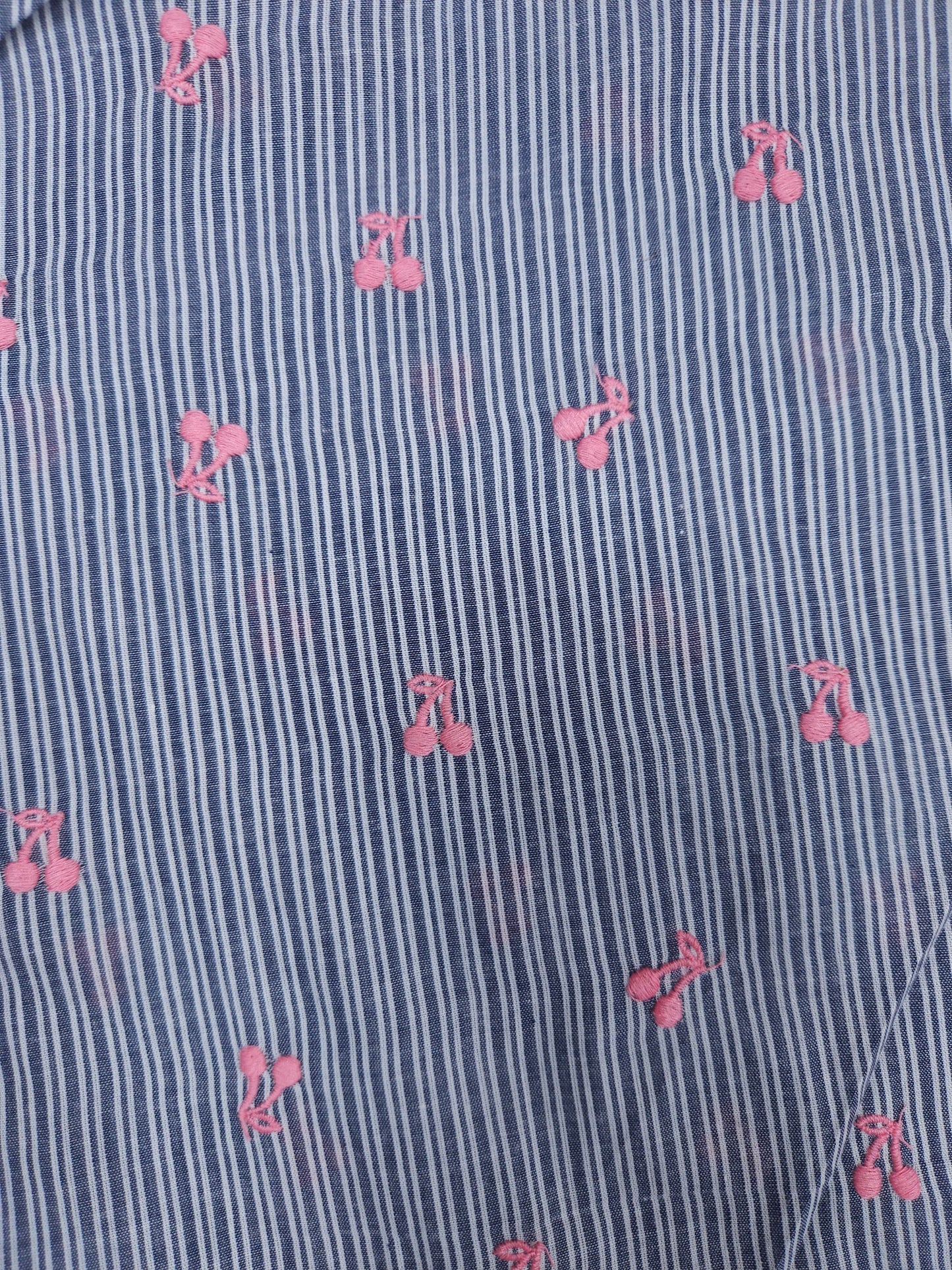 Blue Stripe Cotton Fabric with Cherry Embroidery