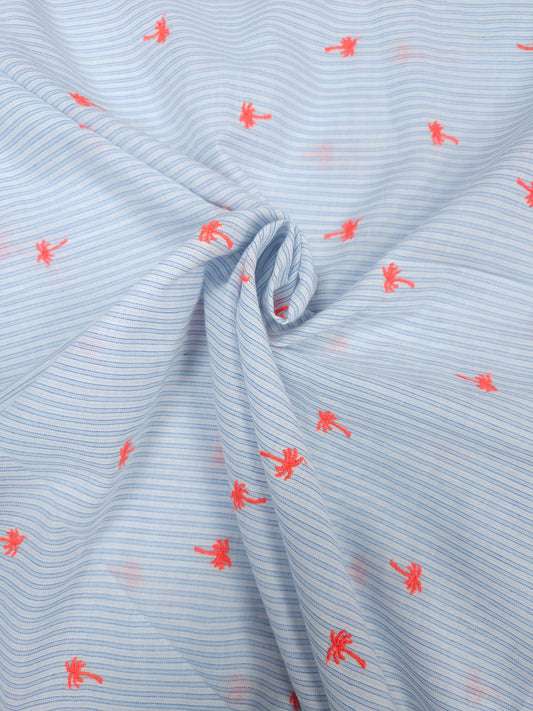 Tropical Palm Cotton Fabric with Embroidered Motifs