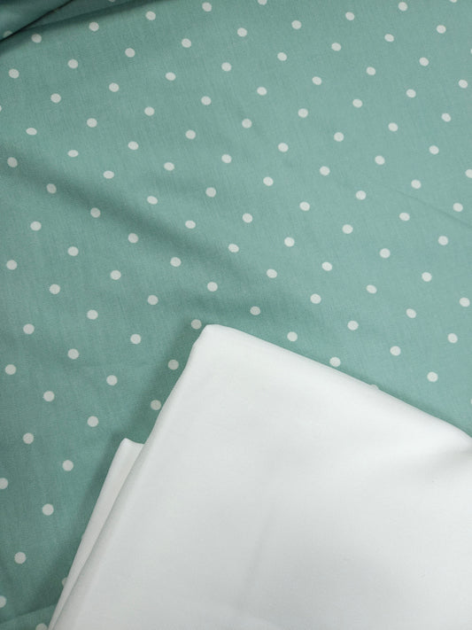 Pastel Mint Polka Print Cotton Suit Set Fabric With White Bottom