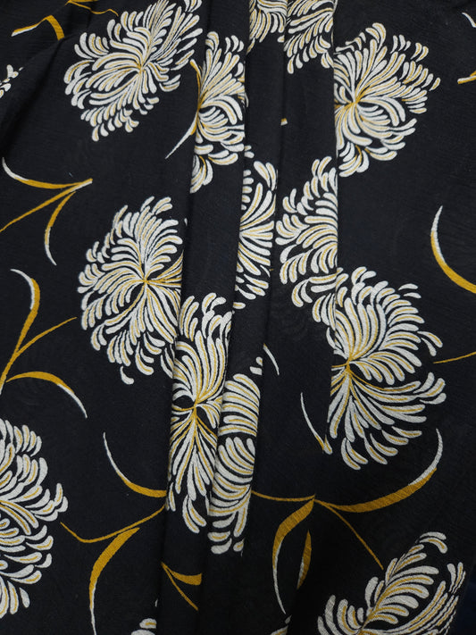 Black Floral Modal Rayon Fabric with Mustard Accents