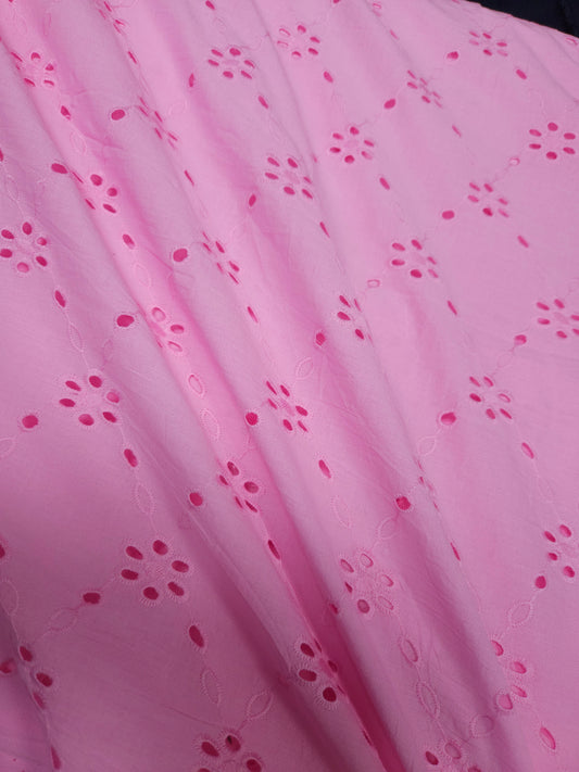 Luxury Candy Pink Cotton Schiffli Embroidered Fabric