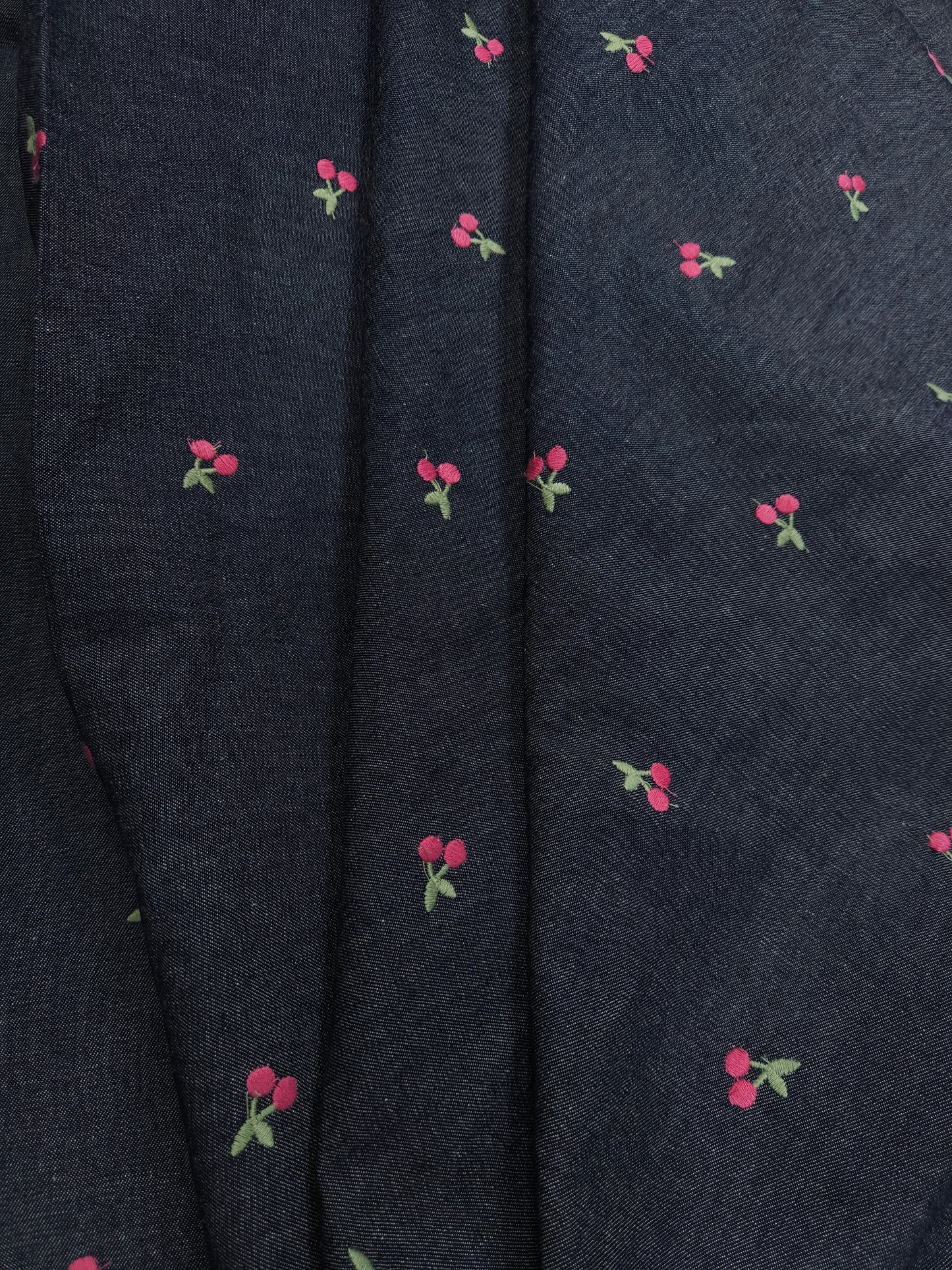 Navy Blue Cotton Denim Fabric with Cherry Embroidery