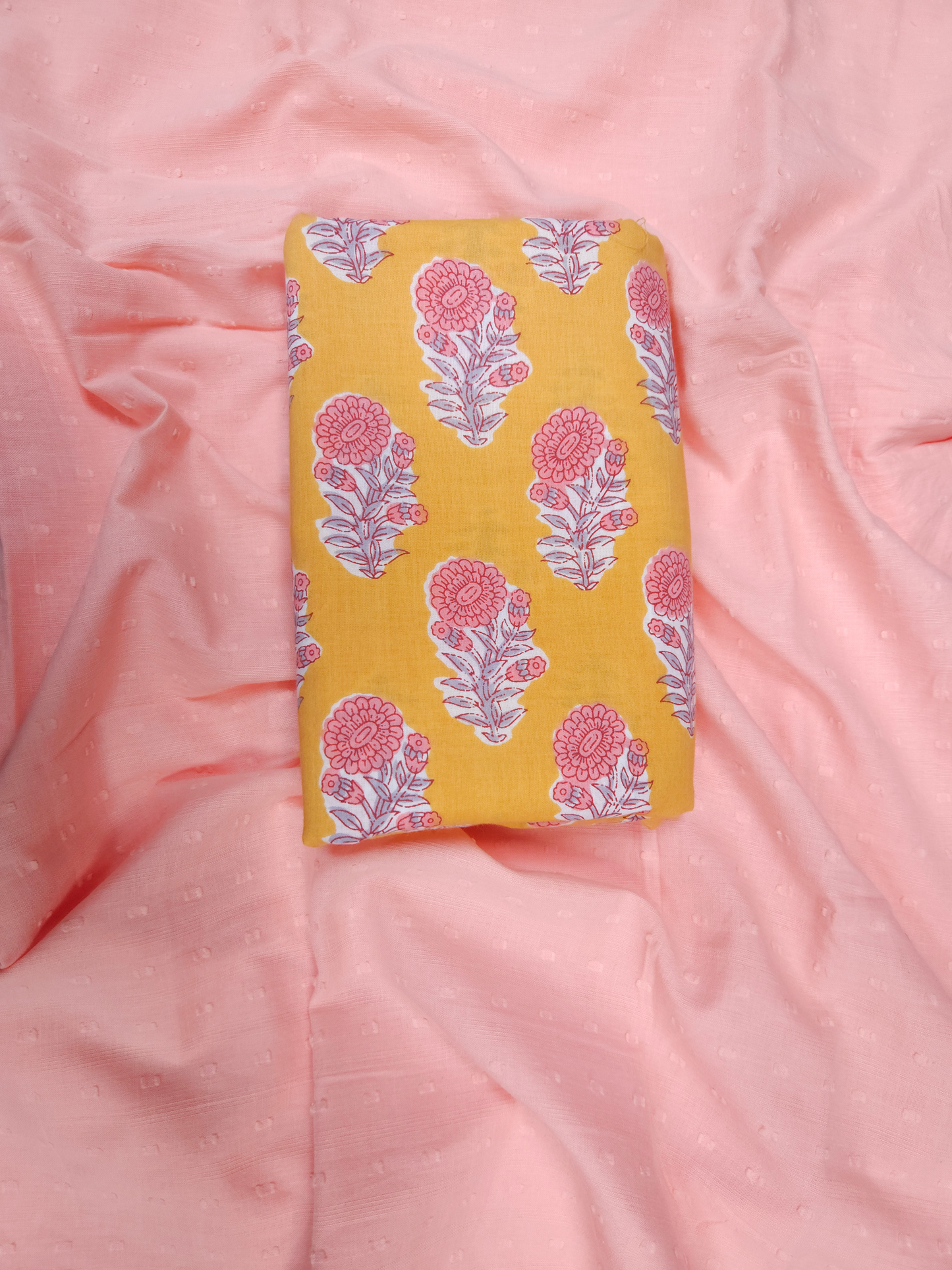 Sunshine Yellow Floral Cotton Suit Set with Pink Bottom