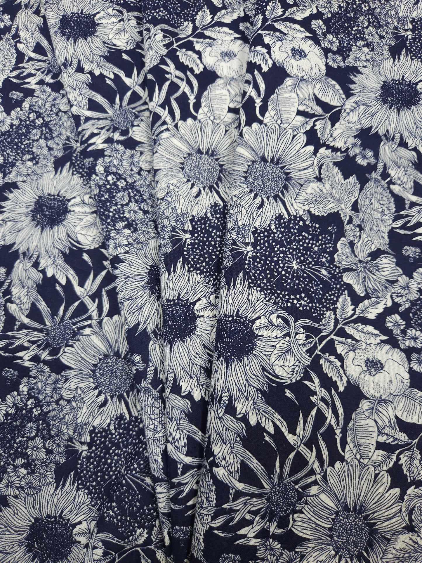 Blue Porcelain Floral Linen Blend Fabric