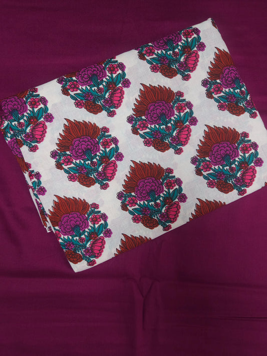 Premium Floral Printed Cotton Suit Set with Plain Magenta Bottom