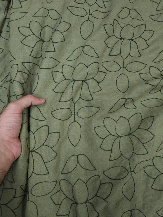 Olive Green Linen Chikan Embroidered Fabric | 60 Inch Wide Ethnic Floral Dress Material