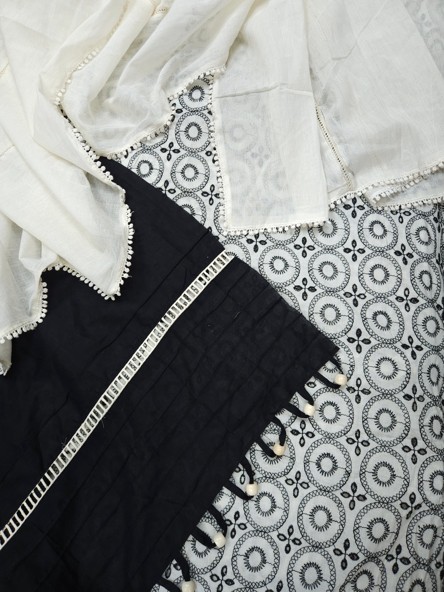 Black & White Schiffli Embroidered Unstitched Suit Set with Dupatta | 3 Piece Dress Material