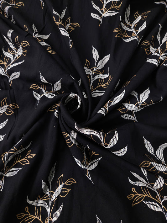 Deep Black with Beige Leaves Printed Modal Rayon Fabric