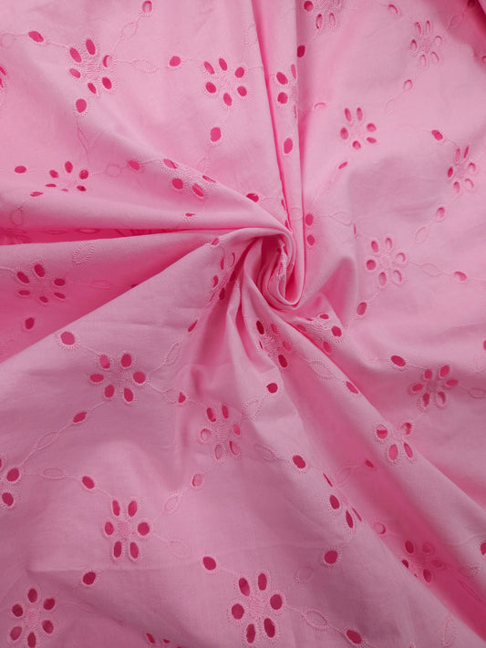 Pink Petal Embroidered Cotton Eyelet Fabric