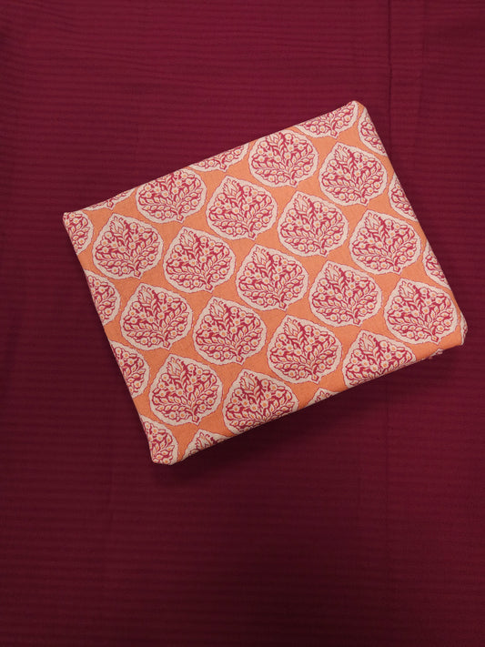 Peach Printed Cotton Linen Kurta Fabric with Maroon Cotton Bottom
