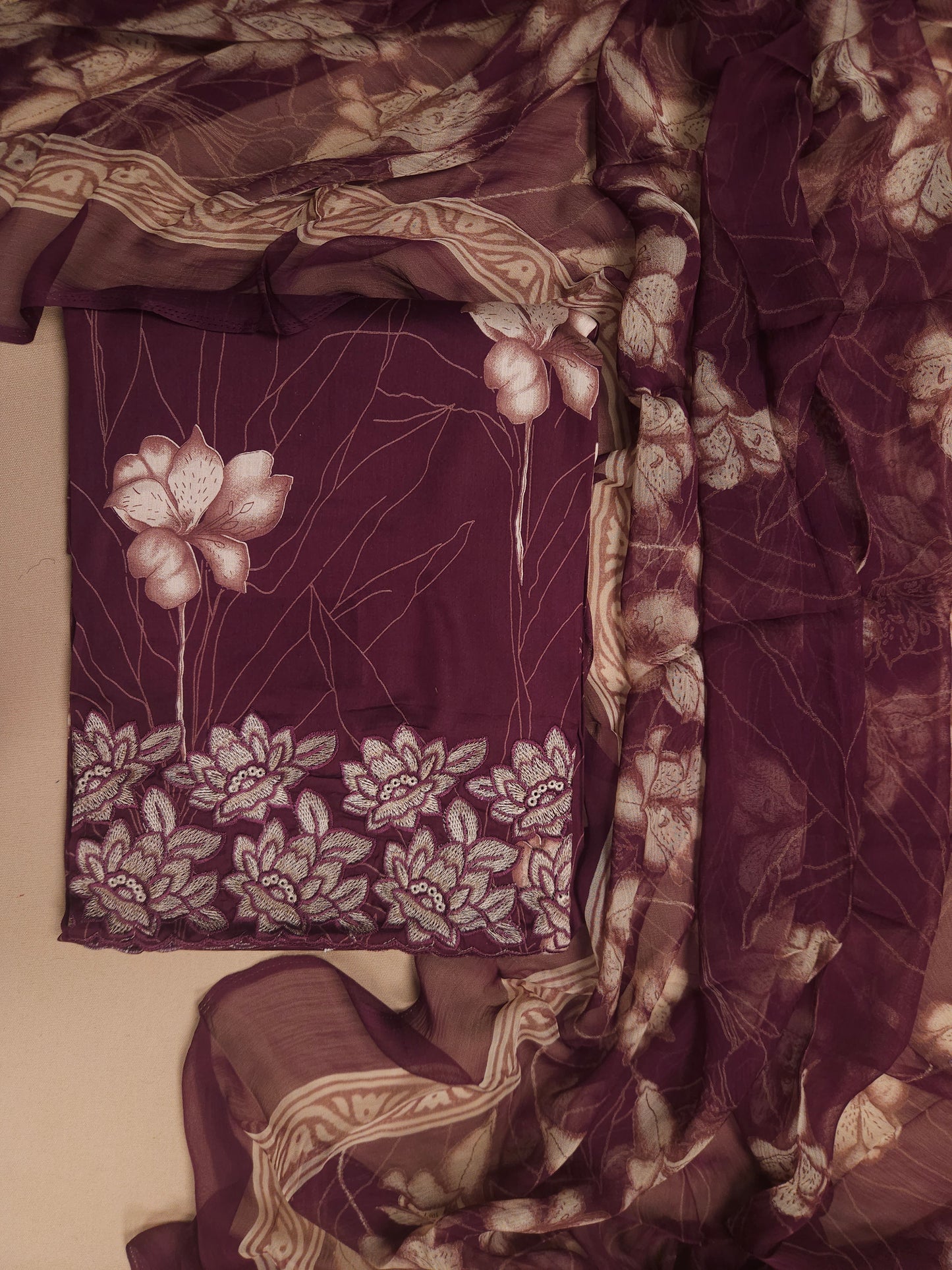 Wine Purple Cotton Suit Set with Pure Chiffon Dupatta