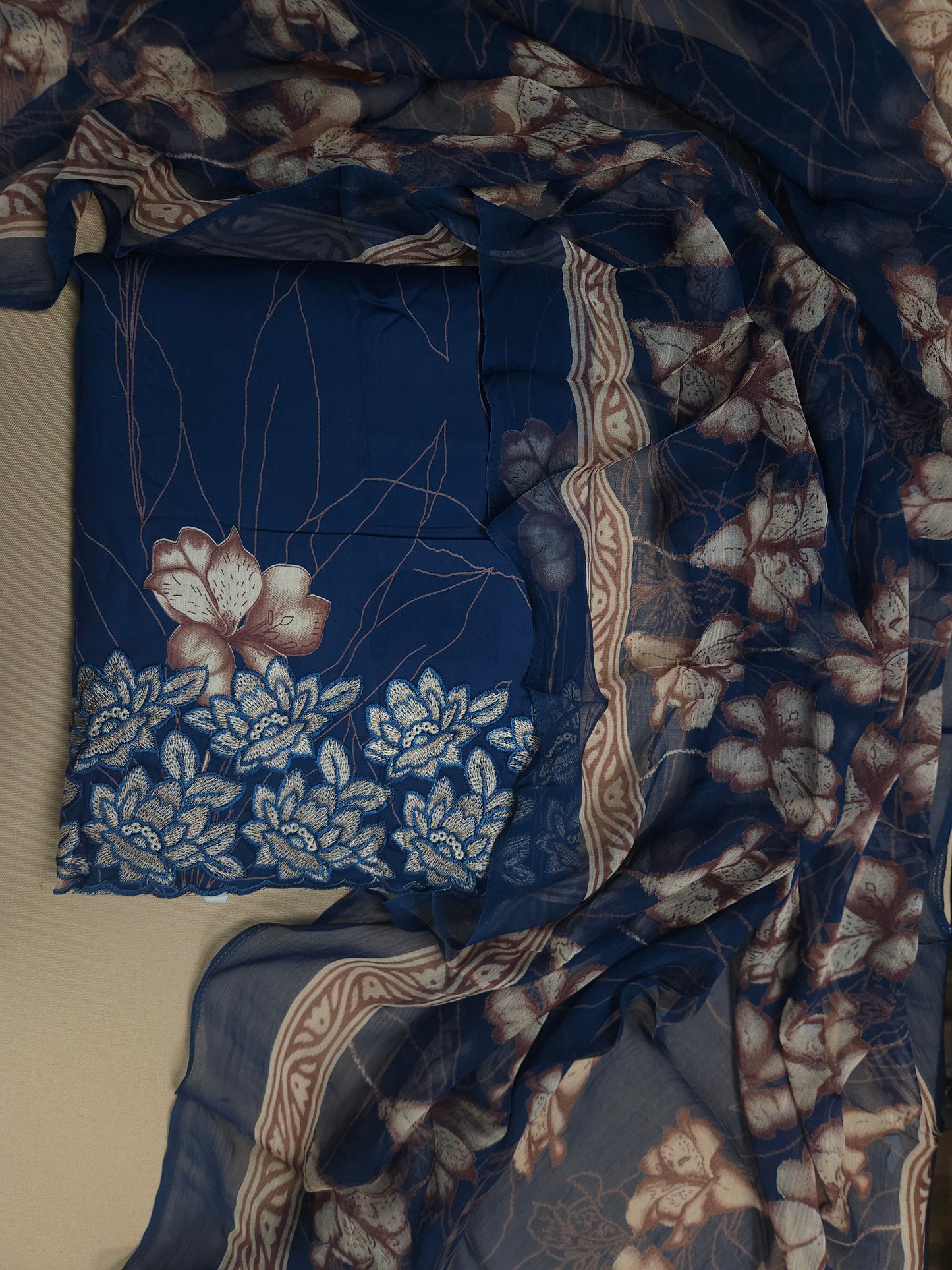 Royal Navy Blue Cotton Suit Set with Pure Chiffon Dupatta