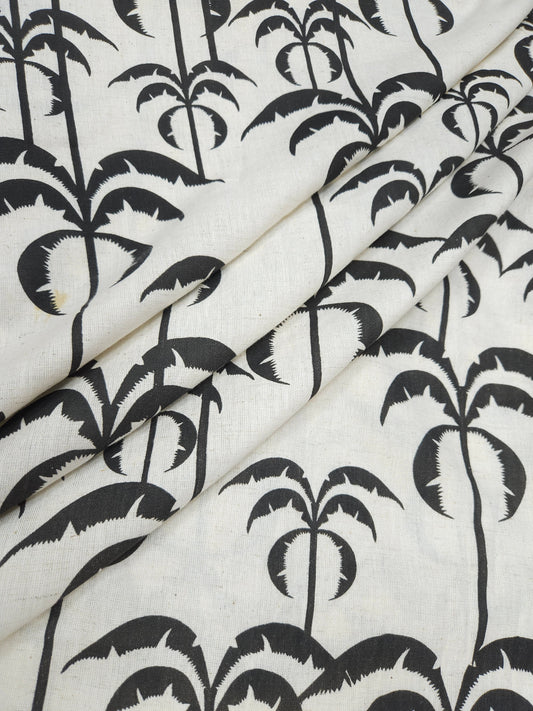 Monochrome Tropical Print Cotton Linen Fabric – Black