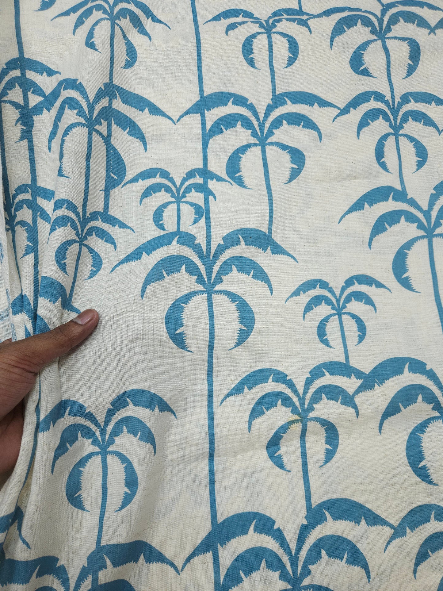 Coastal Palm Tree Print Cotton Linen Fabric – Sky Blue