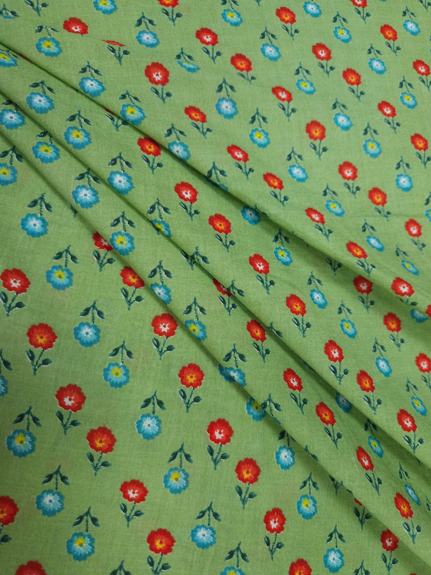 Pista Green Floral Cotton Suit Set With Printed Bottom