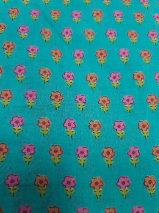 Aqua Floral Buti Printed Cotton Fabric