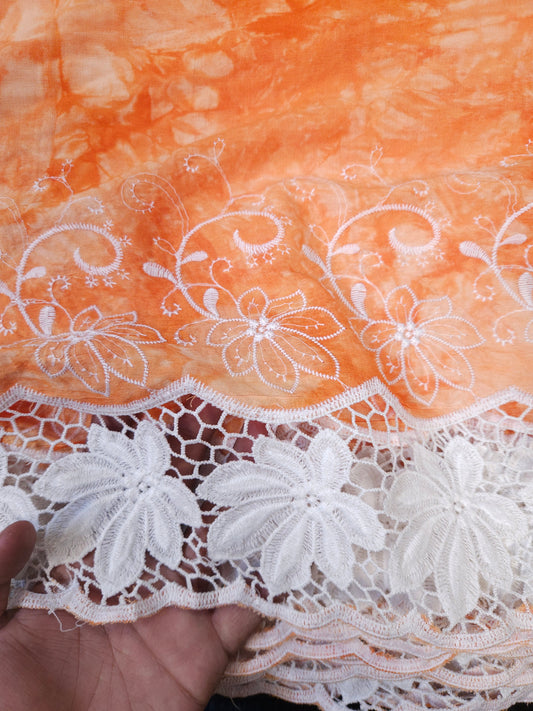 Orange Floral Lace Rayon Schiffli Fabric