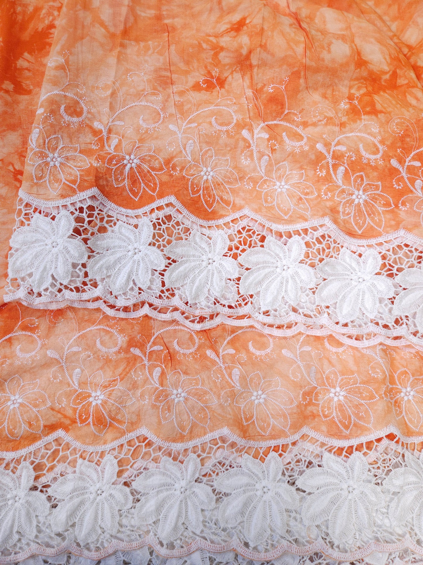 Orange Floral Lace Rayon Schiffli Fabric