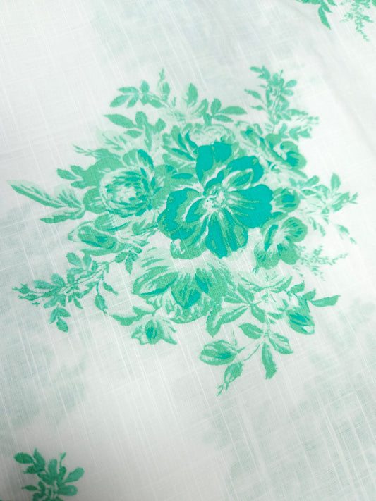 Aqua Floral Cotton Slub Printed fabric