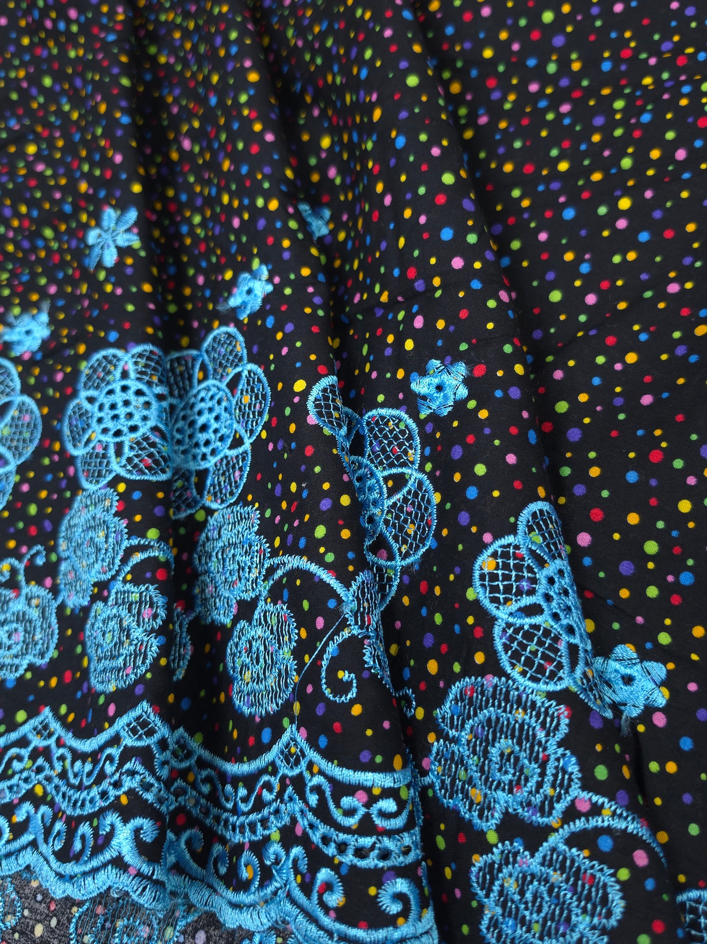 Designer Black Cotton Poplin Polka Dot Fabric with Sky Blue Embroidered Designer Border Schiffli