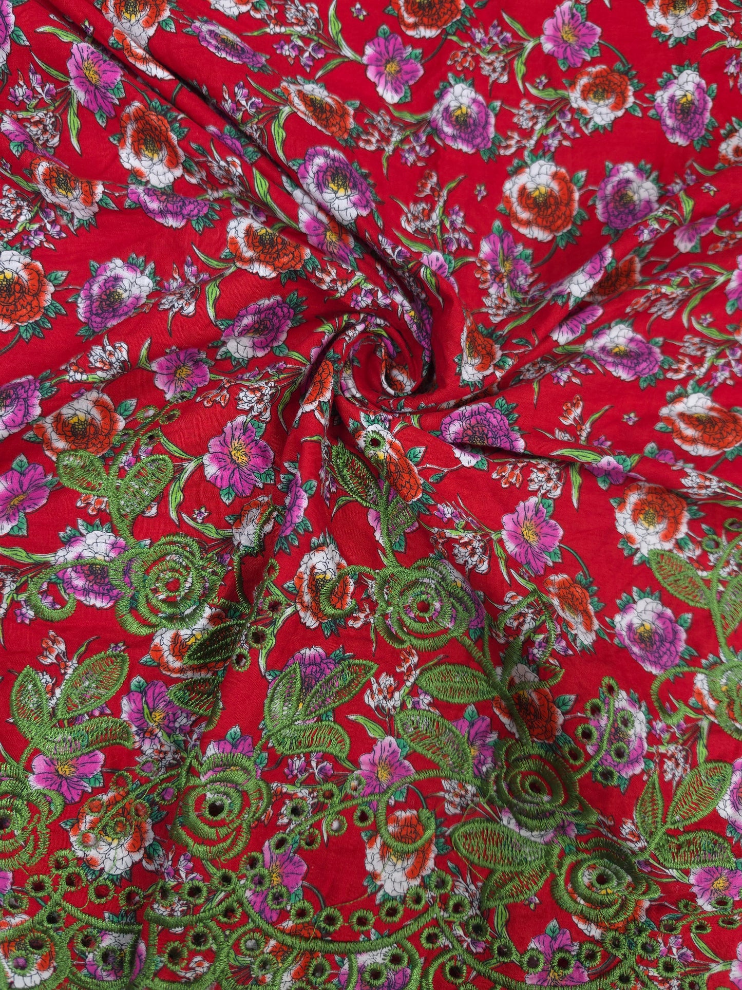 Designer Red Cotton Poplin Floral Print with Olive Green Embroidered Designer Border Schiffli