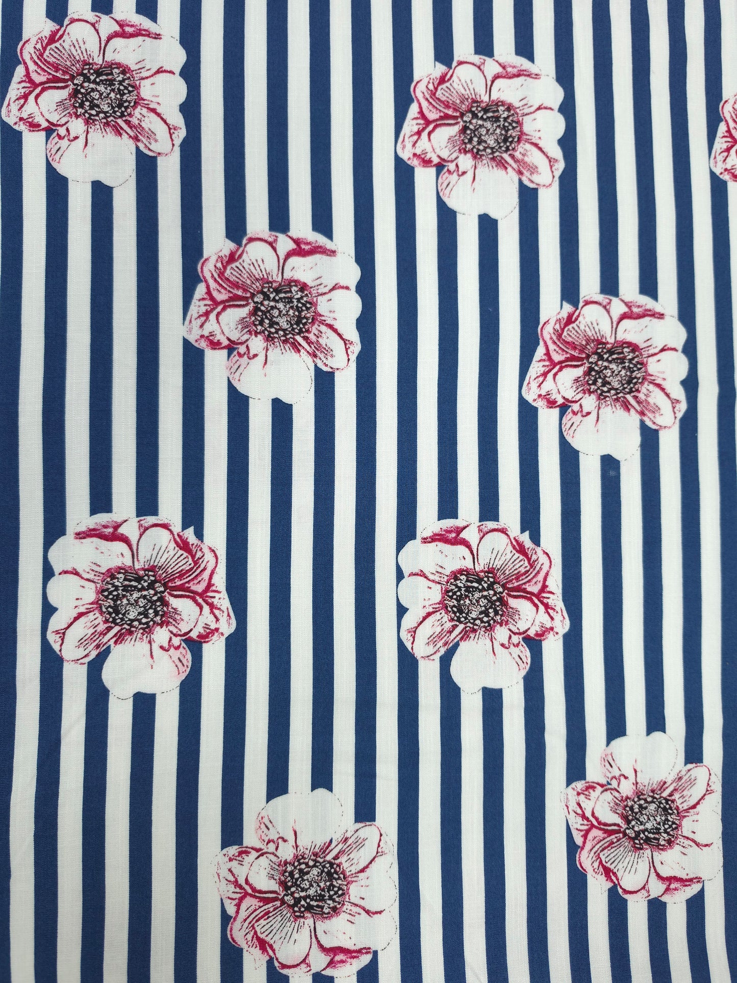 Premium Navy Blue Stripe Linen Fabric with Floral Print