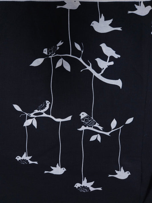 Black With White Bird Printed Cotton Fabric