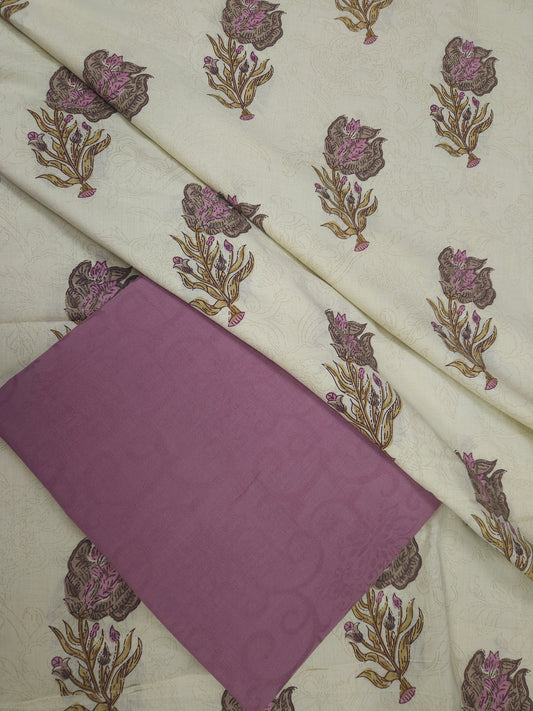 Lavender Floral Printed Cotton Suit Set with Jacquard Bottom