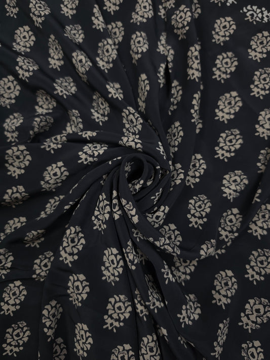 Premium Black Ivory Ethnic Buti Print Crepe Fabric 60 Inch Width